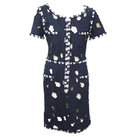 New Chanel Dress With Hole Effect In Tweed 44 Xl P41111w04915 Navy Blue