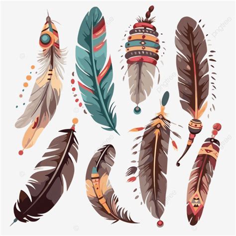 Indian Feathers Vector Sticker Clipart Colorful Feather Set Cartoon