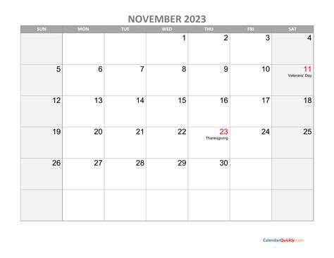 November Calendar 2023 With Holidays Calendar Quickly