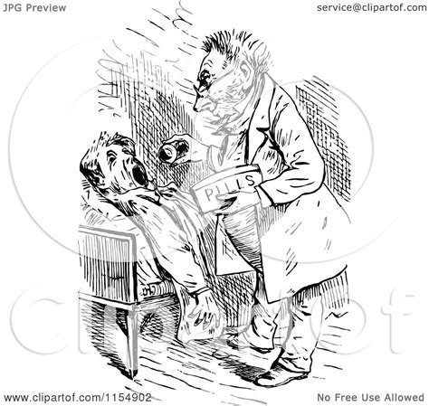 Clipart Of A Retro Vintage Black And White Doctor Giving Pills To A Man