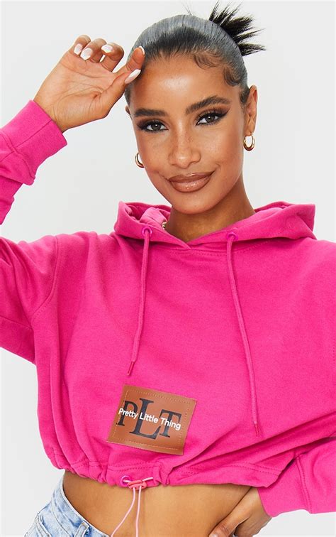 Plt Hot Pink Pocket Toggle Crop Hoodie Tops Prettylittlething