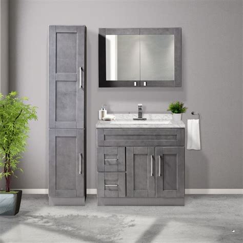 Bathroom vanities add an elegant touch while also offering a convenient place to get ready for your day. COMBO 36" grey vanity set with marble top, linen and ...