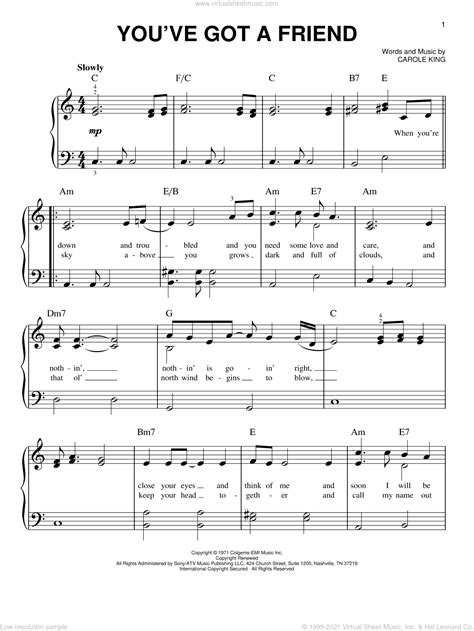 King Youve Got A Friend Sheet Music Easy For Piano Solo