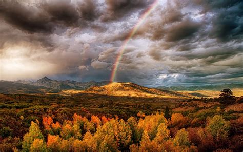 Nature Landscape Rainbows Mountain Fall Clouds Trees