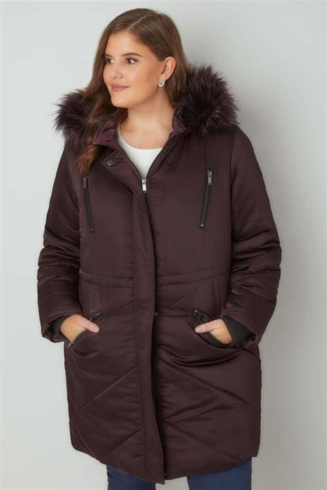 Purple Padded Parka Jacket With Faux Fur Hood Plus Size