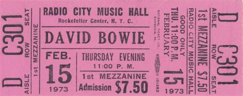 David Bowie Unused Full Ticket Radio City Music Hall 1973 Ziggy