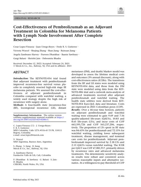 Pdf Cost Effectiveness Of Pembrolizumab As An Adjuvant Treatment In