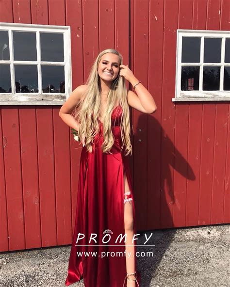 Double Thigh High Slits Sexy Red Satin Prom Dress Promfy