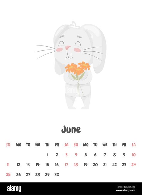 page de calendrier pour le mois de juin 2023 avec un joli lapin souriant tenant un bouquet de