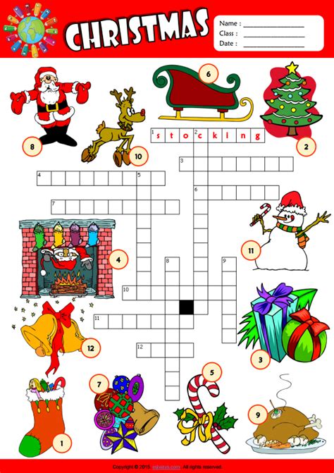 Christmas Esl Vocabulary Crossword Puzzle Worksheet For Kids