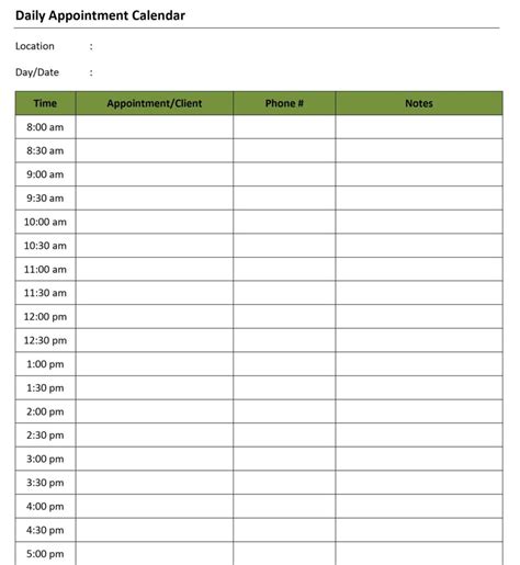 You can print blank appointment schedule sheets or use excel or google sheets for editing and tracking your appointment schedule electronically. Daily Appointment Calendar
