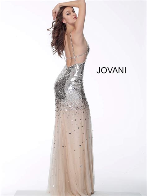 Jovani Silver Nude Fully Embellished Backless Gown