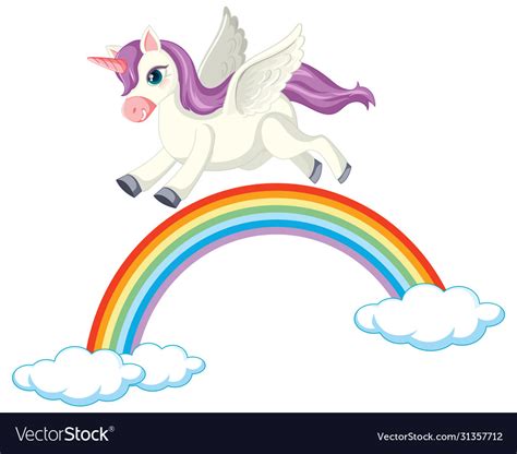 Cute Purple Unicorn In Flying On Rainbow Position Vector Image