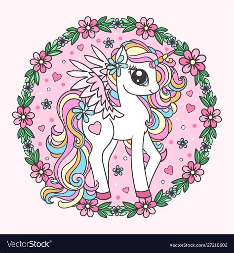 Cute Small Rainbow Unicorn In A Round Frame Of Vector Image