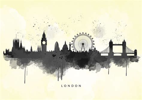 London Skyline Abstract Watercolour Box Canvas Art Print Black On
