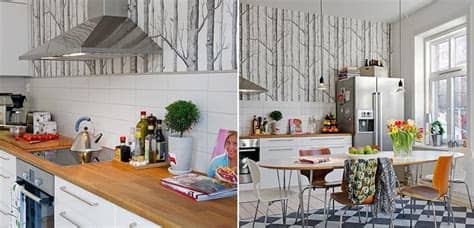 Cocina retro con papel pintado color amarillo. Papel pintado en la cocina, una gran idea