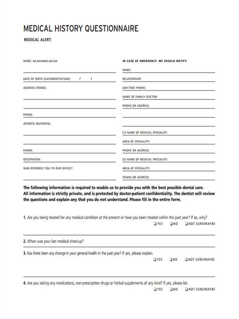 Medical Questionnaire Form Templates Free Printable Gambaran