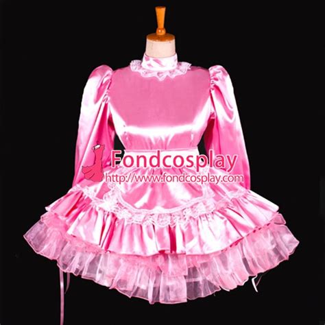 Sissy Maid Dress Lockable Pink Satin French Maid Uniform Dress Cosplay