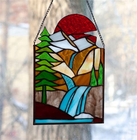 Stained Glass Mountain Landscape Stained Glass Waterfall Etsy