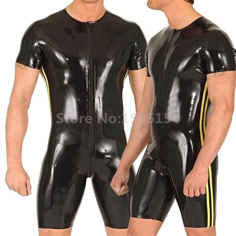 Men Rubber Catsuits With Front Zip Sexy Hot Latex Garments Side Strips
