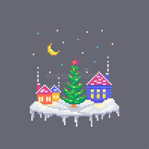 Pixel Art Snowy Houses And Christmas Fir Tree In The Center Stock