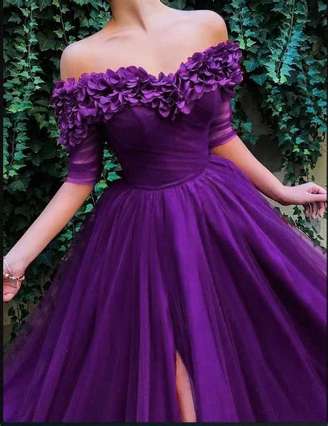 Deep Purple Prom Dresses Handmade Flowers Off The Shoulder Elegant Pro