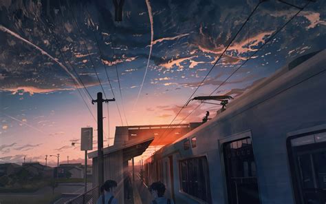 Wallpaper Anime Landscape Fence Sunset Train Scenic Clouds