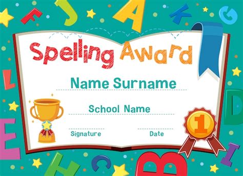 Premium Vector Certificate Template For Spelling Award With Alphabets