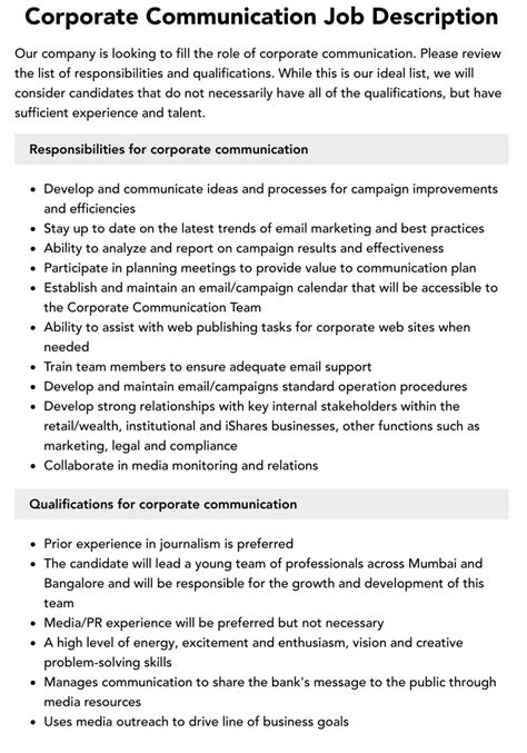 Corporate Communication Job Description Velvet Jobs