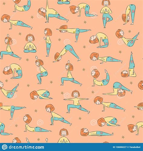 Yoga Seamless Pattern With Cartoon Girl Doing Yoga Position Stock