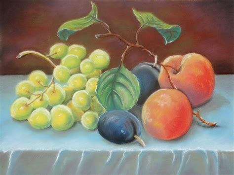 Soft Pastel Drawing Still Life With Peaches And Grapes