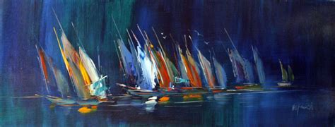 Abstract Sailing Boats Original Oil Painting Canvas 16x48