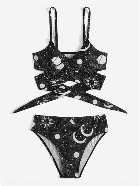 black casual collar galaxy embellished high stretch swimming and beach criss cross bikini 2 piece