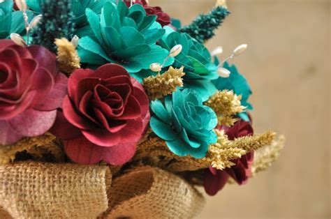 Teal And Maroon Wood Wedding Bouquet Accents And Petals Teal