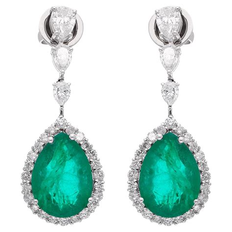 Pear Shape Emerald Gemstone Dangle Earrings Diamond Karat White Gold