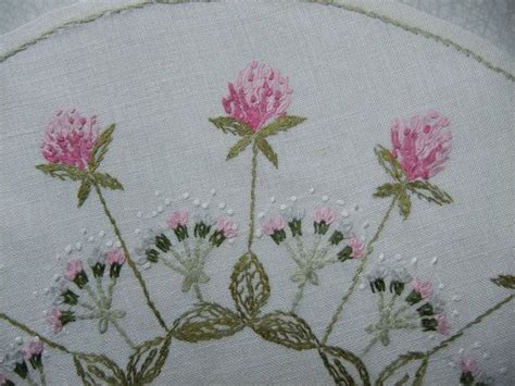 Vintage Swedish Round Embroidered Tablecloth With Red Clover