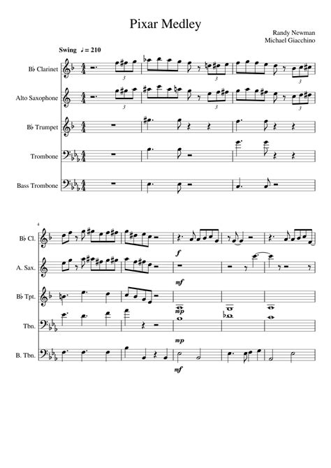 Pixar Medley Sheet Music For Trombone Trombone Bass Clarinet In B Flat Saxophone Alto And More