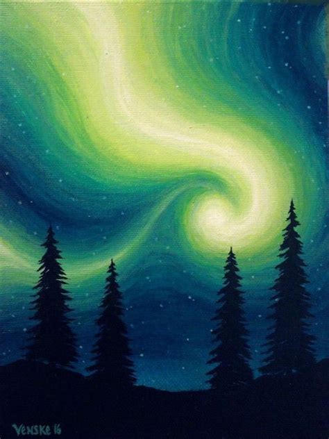 Tall Trees Northern Lights In The Night Sky Painting Ideas For