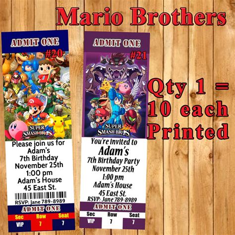 Super Smash Mario Brothers Printed Birthday Invitations Or Etsy