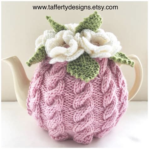 Floral Cabled Tea Cosy In Pure Wool Pink And White Size Etsy Uk