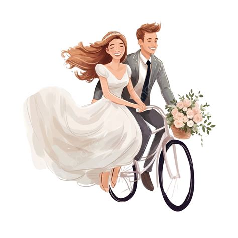 아름다운 젊은 막 결혼한 웨딩 커플이 자전거를 타고 플랫 스타일을 타고 있습니다 배경 아름다운 자전거 png 일러스트 및 이미지 에 대한 무료 다운로드 pngtree