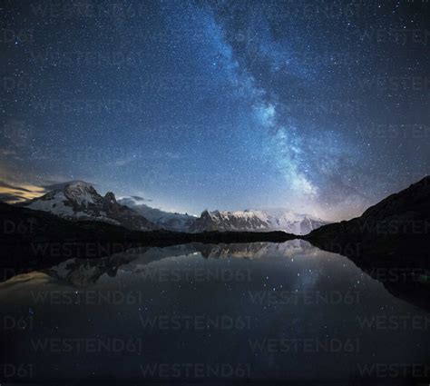 France Mont Blanc Lake Cheserys Milky Way And Mont Blanc Reflected