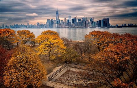 Fall Trees Sky Usa New York City Manhattan Cityscape Freedom