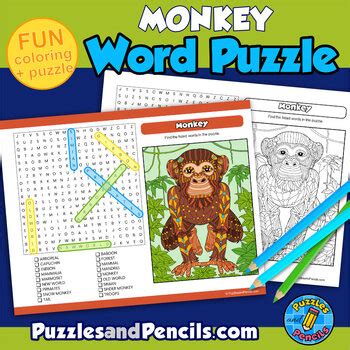 Monkey Word Search Puzzle And Coloring Activity Page By Puzzles And Pencils