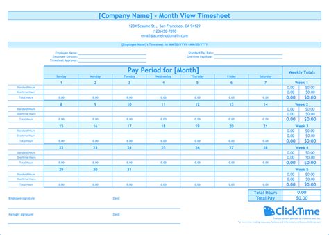 Free Monthly Timesheet Template Download Printable Clicktime