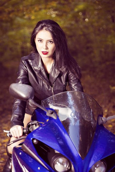 Biker Girl In A Leather Jacket On A Motorcycle Stock Image Image Of