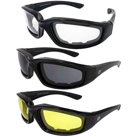 Pair Padded Motorcycle Riding Glasses Clear Smoked Yellow Shatter