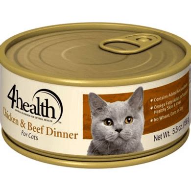 None of their formulas contain corn, soy, or wheat. 4Health Chicken & Beef Dinner Cat Food Review