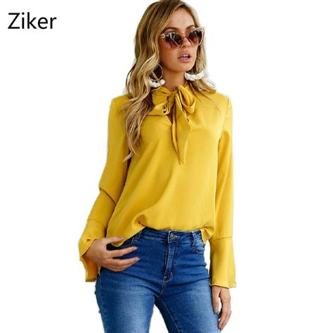 Autumn And Winter Chiffon Blouses Women Shirts Fashion Flare Sleeve V Neck Bow Tie Womens Tops