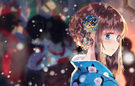 Brown Hair Anime Cute Blue Eyes Girl Smile Kimono Anime Girl